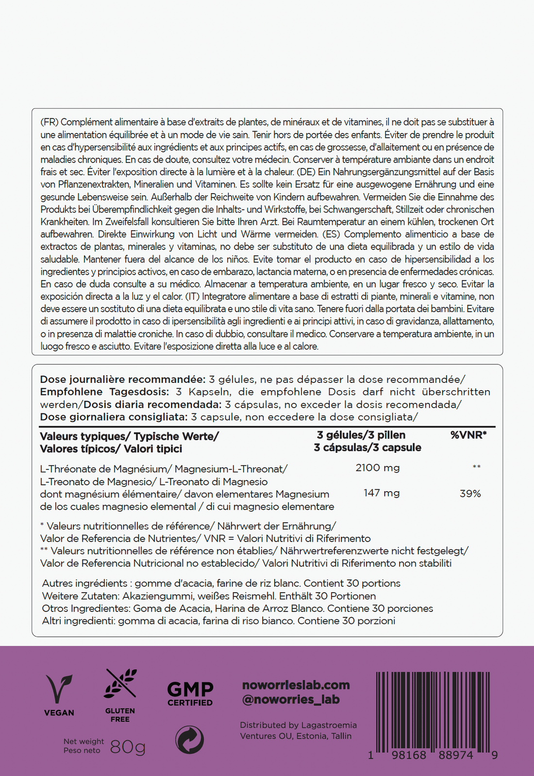 NoWorries Magnesium L-Threonate - 90 Cápsulas - NoWorries Lab